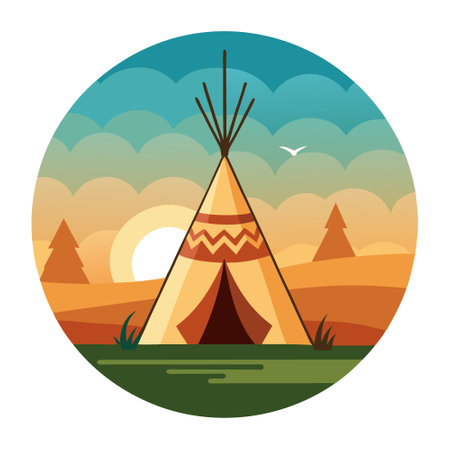 Tribal Indian teepee in the field at sunset. First Nations tips on the open prairies of North America. . AI generated. Vector iconのイラスト素材