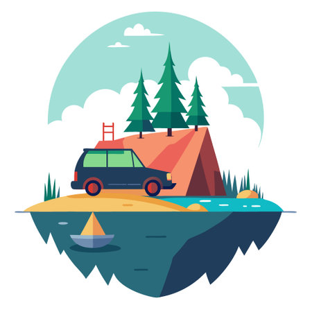A car is parked in the forest on a cliff overlooking the lake and there is a tent on the roof of the car. ..AI generated. Vector iconのイラスト素材