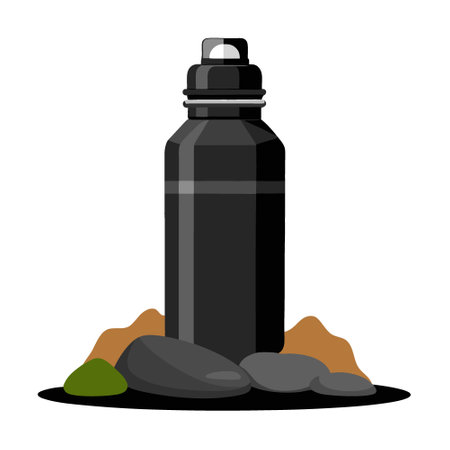 A black water bottle is sitting on top of a rock. This versatile image can be used for various purposes. AI generated. Vector iconのイラスト素材