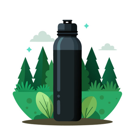 A sleek black water bottle stands alone in a lush. rainy forest. showcasing nature's beauty and hydration.. AI generated. Vector iconのイラスト素材