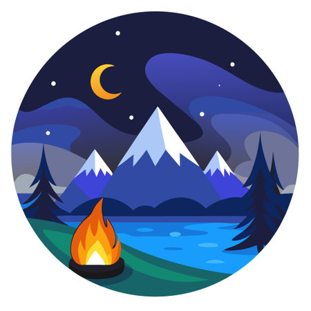 Serene camping scene by a lake under a starry night sky. with a campfire glowing and mountains in the background.. AI generated. Vector iconのイラスト素材