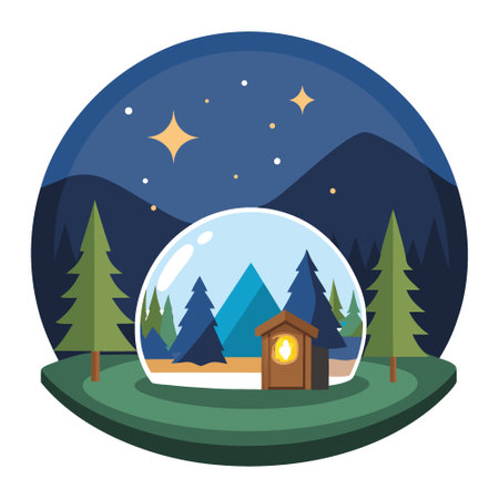 Experience luxury camping in a forest glamping bubble dome. complete with LED lights for a magical nighttime ambiance.. AI generated. Vector iconのイラスト素材