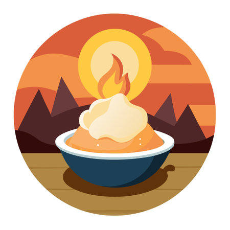 A delicious serving of peach cobbler topped with a scoop of vanilla ice cream presented near a warm campfire at sunset.. AI generated. Vector iconのイラスト素材