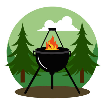 A black cast iron pot resting on three metal tripods over an open fire in nature. set against a lush green forest backdrop.. AI generated. Vector iconのイラスト素材