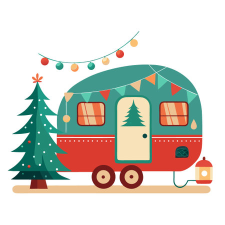 A cozy camping trailer beautifully decorated for Christmas with festive lights and ornaments. capturing the holiday spirit.'. AI generated. Vector iconのイラスト素材