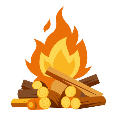 A pile of wood is seen next to a stack of firewood. The firewood is burning with orange and yellow flames. while the wood is untouched.. AI generated. Vector iconのイラスト素材