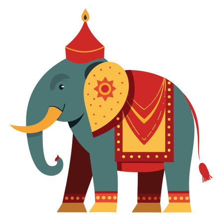 A majestic elephant bedecked in ornate ceremonial garb stands proudly under a circus tent. exuding a sense of grandeur and tradition. AI generated. Vector iconのイラスト素材