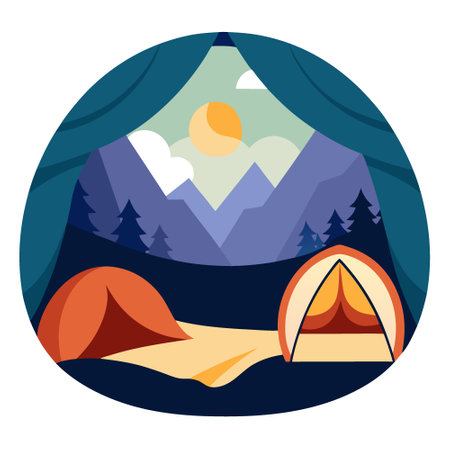A peek from inside a tent reveals a serene landscape. while cozy sleeping promise bags an adventurous camping night at the campsite. ..AI generated. Vector iconのイラスト素材