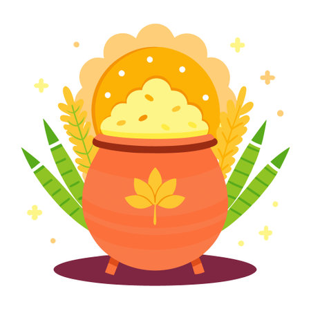 Adorable pot overflowing with pongal rice. surrounded by sugarcane and kolam designs. perfect festive Pongal backdrop with space for text. AI generated. Vector iconのイラスト素材