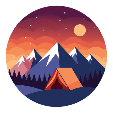 Tent amidst majestic mountains at sunset. Sunrise camping. Embracing nature beauty in mountain. Outdoor adventures. Summer under starry sky. AI generated. Vector iconのイラスト素材