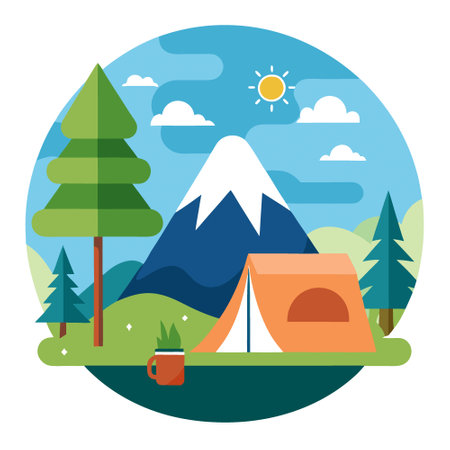 Nature park exploration with camping and tent experiencing outdoor adventure during vacation Copy space image Place for adding text or design. AI generated. Vector iconのイラスト素材