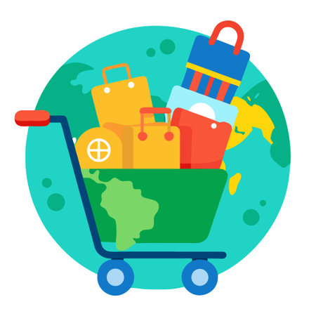 A shopping cart packed with colorful travel accessories and luggage. isolated on a world map background. symbolizing adventure and exploration.. AI generated. Vector iconのイラスト素材