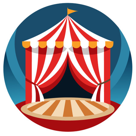Vintage Circus Tent Interior. An Empty Arena with Striped Ceiling. Red and White Draped Curtains. and Dramatic Lighting on the Center Stage. AI generated. Vector iconのイラスト素材