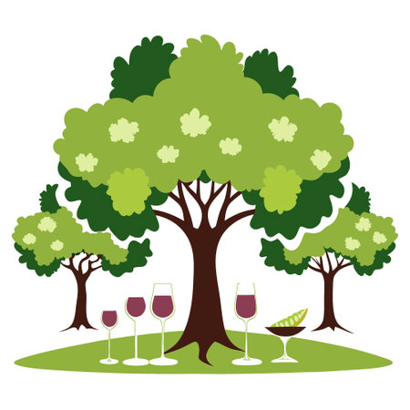 Large oak trees dot the perimeter of the vineyard providing shady spots for picnickers to relax and unwind with a glass of crisp fruity white wine.. AI generated. Vector iconのイラスト素材