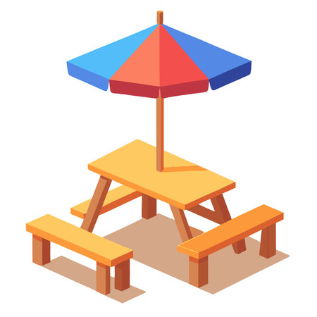 Wooden picnic table with benches and sun shade umbrella. one piece wood furniture for outdoor dining isolated on white background 3d rendering. AI generated. Vector iconのイラスト素材
