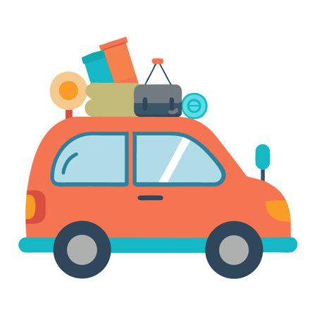A compact hatchback loaded with camping gear. The car's versatile design and fuel efficiency make it a popular choice for outdoor enthusiasts. AI generated. Vector iconのイラスト素材