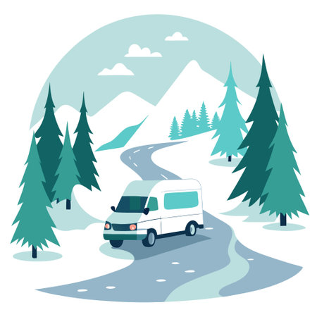 White van is driving down a snowy road in the woods. The snow is piled up on the ground. and the trees are covered in snow. The scene is quiet and peaceful. AI generated. Vector iconのイラスト素材