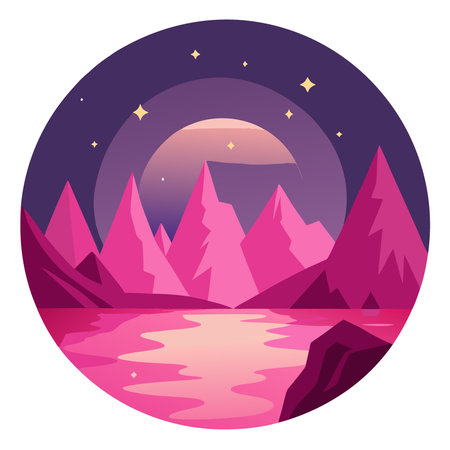 Pink Wild Mountains Moonlight and Stars Landscape Illuminated by Golden Moon Over Reflective Water Amidst Starry Night Sky Adventure in Nature. AI generated. Vector iconのイラスト素材