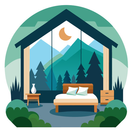 Eco-lodge bedroom interior overlooking the mountains and dense forest view. creating a serene and relaxing ambiance. surrounded by the nature. AI generated. Vector iconのイラスト素材