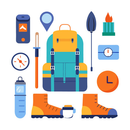 Professional knolling flat lay arrangement of outdoor adventure essentials. backpack. hiking boots. trekking poles. water bottle compass. headlamp map. AI generated. Vector iconのイラスト素材