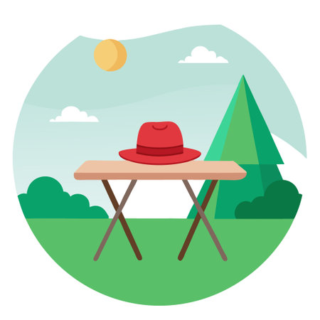 Elegant Outdoor Pastel Green Wooden Table with Red Hat and Bokeh Campsite Background in Daylight. Emphasizing a Minimalist Camping Aesthetic. AI generated. Vector iconのイラスト素材