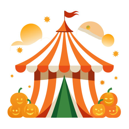 A striped circus tent adorned with orange glowing pumpkins. surrounded by fog. A spooky yet festive ambiance fills the scene. ideal for Halloween. Horror Halloween. AI generated. Vector iconのイラスト素材