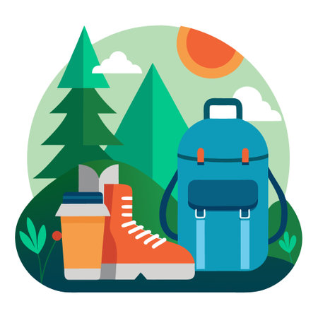 Hiking and camping equipment. including a backpack. water bottle and sturdy shoes. against the backdrop of a lush forest. ample space for informative copy.. AI generated. Vector iconのイラスト素材