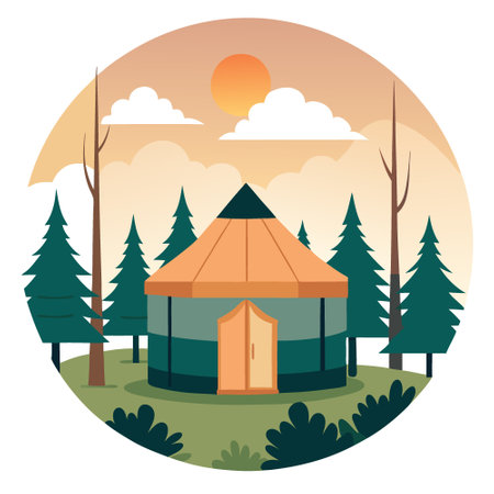 A cozy yurt with warm lighting nestled in a serene forest setting. surrounded by tall trees and mist. creating a tranquil and inviting atmosphere. AI generated. Vector iconのイラスト素材