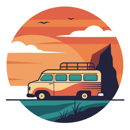 Van parked at a cliffside overlooking the ocean. with surfboards attached to the roof. with copy space. Warm sunset lighting. Expansive ocean view. AI generated. Vector iconのイラスト素材