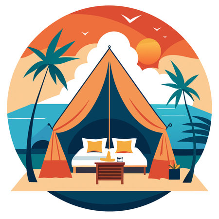 A romantic beachside glamping setup for two. featuring a tent with a luxurious bed and elegant decor. positioned for the best views of a spectacular seaside sunset.. AI generated. Vector iconのイラスト素材