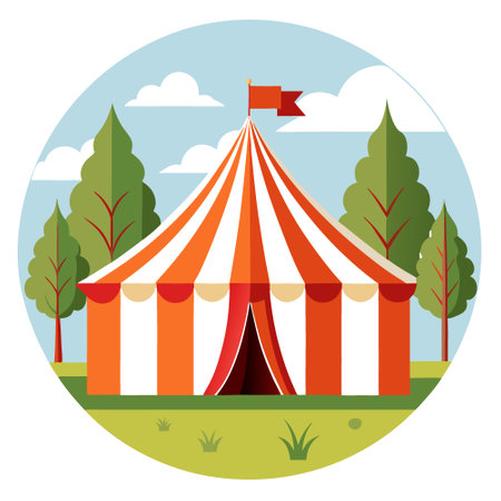A large circus tent is set up in a grassy field. The tent is orange and white. and it is surrounded by trees. The scene is peaceful and serene. AI generated. Vector iconのイラスト素材
