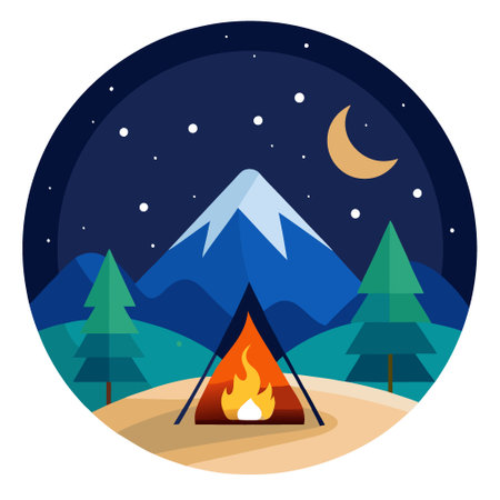 A tent and campfire under a clear night sky filled with stars. in a remote area. --ar 16.9 --v 6.1 Job ID. 96d1bd66-8852-40fa-8cb4-07489b57e39e. AI generated. Vector iconのイラスト素材
