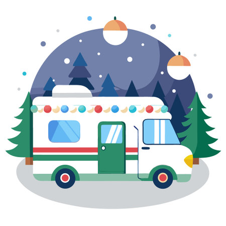 A motorhome decorated with colorful Christmas lights. glowing warmly in a snowy nighttime setting. evoking holiday spirit and winter adventure.. AI generated. Vector iconのイラスト素材