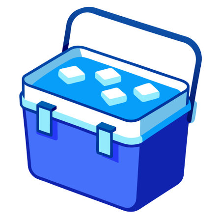 Blue Insulated Cooler Box Filled with Ice Cubes - A blue insulated cooler box filled with ice cubes. designed to keep food and drinks chilled while on the go.. AI generated. Vector iconのイラスト素材