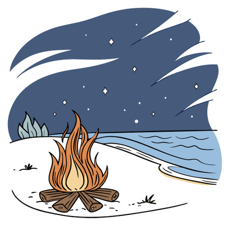A campfire on the beach with sparks flying in all directions. glowing under a deep blue starry sky. with soft ocean waves in the background.. AI generated. Vector iconのイラスト素材