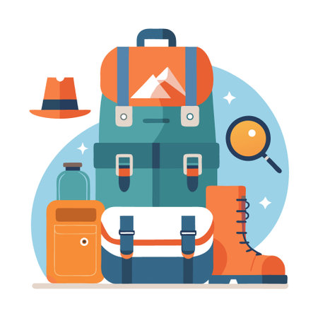 A traveler's backpack and essential gear. neatly arranged for an adventure. with maps. hiking boots. and a camera ready for a day of exploration. AI generated. Vector iconのイラスト素材