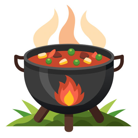 Stirring stew with hearty meat and fresh vegetables. being cooked in a cast iron pot over the vibrant flames of an open fire. perfect for camping and adventures.. AI generated. Vector iconのイラスト素材