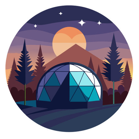 Dusk settles over a geodesic glamping dome nestled in a forest clearing. a cozy sanctuary amid nature. Camping with luxury and nature's beauty.. AI generated. Vector iconのイラスト素材