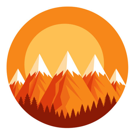 Vibrant orange sun sinks behind majestic Rocky Mountains. casting a golden glow on the rolling hills and forests of the Front Range. Colorado landscape.. AI generated. Vector iconのイラスト素材