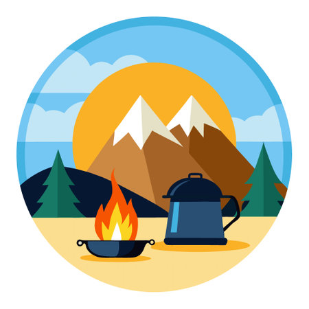 Cooking pot on a portable stove by a campfire with a yellow tent and mountains at sunrise. capturing a cozy mountain camping scene. warm and vibrant. AI generated. Vector iconのイラスト素材