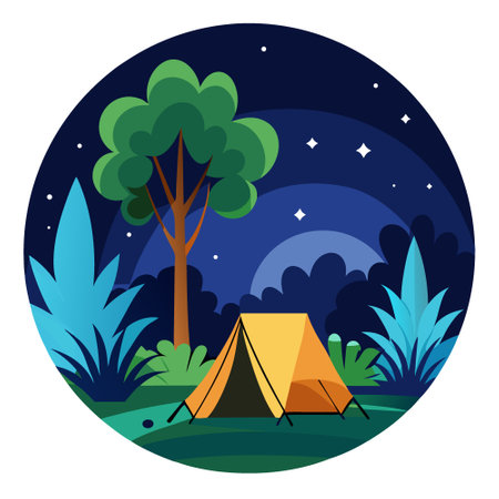 An illuminated tent under a starlit sky in a tropical jungle. surrounded by dense vegetation and tall trees. providing a serene spot for night-time camping enthusiasts.. AI generated. Vector iconのイラスト素材