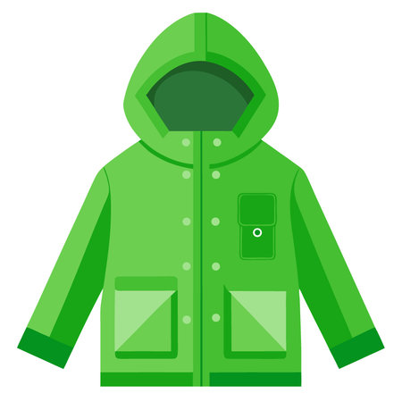 Bright green hooded rain jacket for outdoor activities. featuring multiple pockets and adjustable cuffs. Perfect for staying dry and stylish in wet weather.. AI generated. Vector iconのイラスト素材