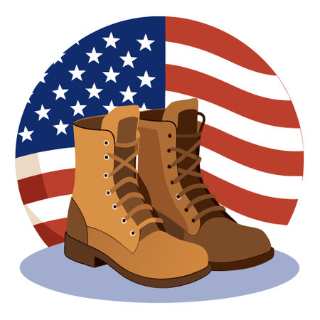 Pair of veterans boots on wooden surface. American flag draped. soft warm light. nostalgic and patriotic. high detail 8K. high-resolution ultra HD.up32K HD. AI generated. Vector iconのイラスト素材