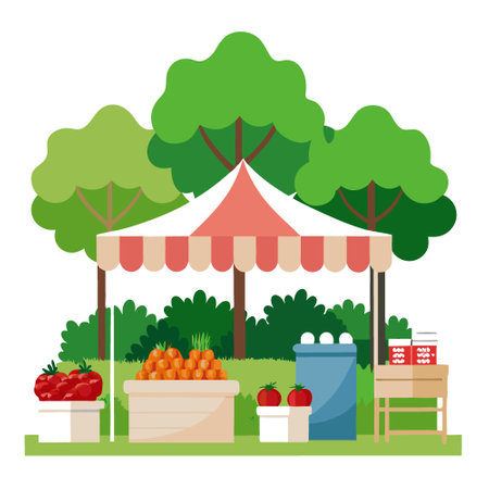 A white canopy tent. with crates of fresh strawberries. surrounded by other booths showcasing a variety of products and produce against a backdrop of lush grass and trees.. AI generated. Vector iconのイラスト素材
