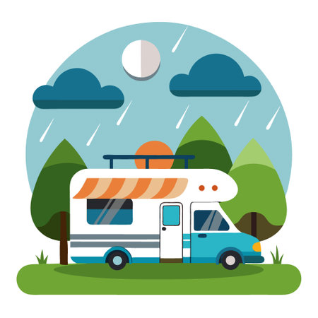 An American RV with an open black awning. parked on grass in the park on a rainy day. Relax in comfort and style with season camping at its finest.. AI generated. Vector iconのイラスト素材