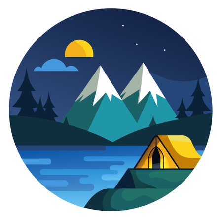 Cozy campsite at dusk by a mountain lake. featuring a glowing lantern. yellow tent. and a serene backdrop of rocky mountains and a peaceful water surface.. AI generated. Vector iconのイラスト素材