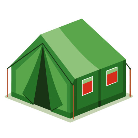 Military Green Tent. A sturdy. military-grade tent. offering a practical and reliable temporary shelter solution for outdoor events. emergency response. or military operations.. AI generated. Vector iconのイラスト素材