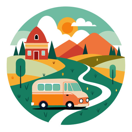 A road trip adventure in a vintage van. winding through picturesque countryside roads. with stops at roadside farmers' markets and local landmarks.. AI generated. Vector iconのイラスト素材