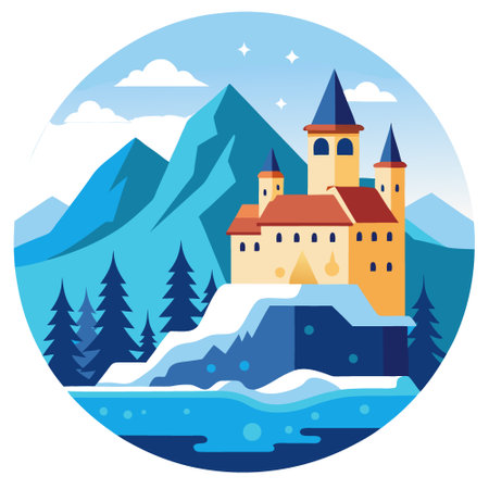 Scenic winter landscape of Orava Castle surrounded by snow-covered trees and frozen Orava Reservoir. with majestic mountains rising in the background.. AI generated. Vector iconのイラスト素材