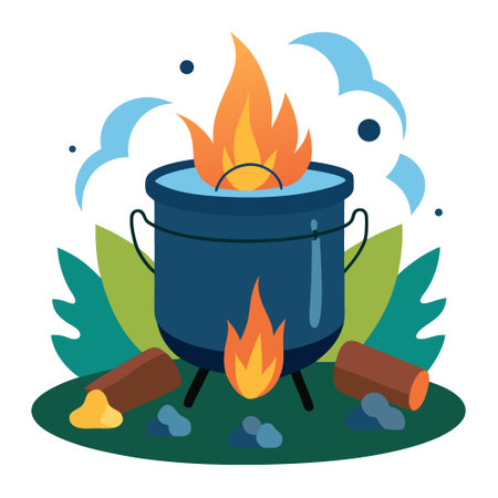 A metal pot sits on a roaring campfire. boiling water as flames lick up around it. nestled among fallen leaves and scattered logs in a tranquil outdoor area. AI generated. Vector iconのイラスト素材